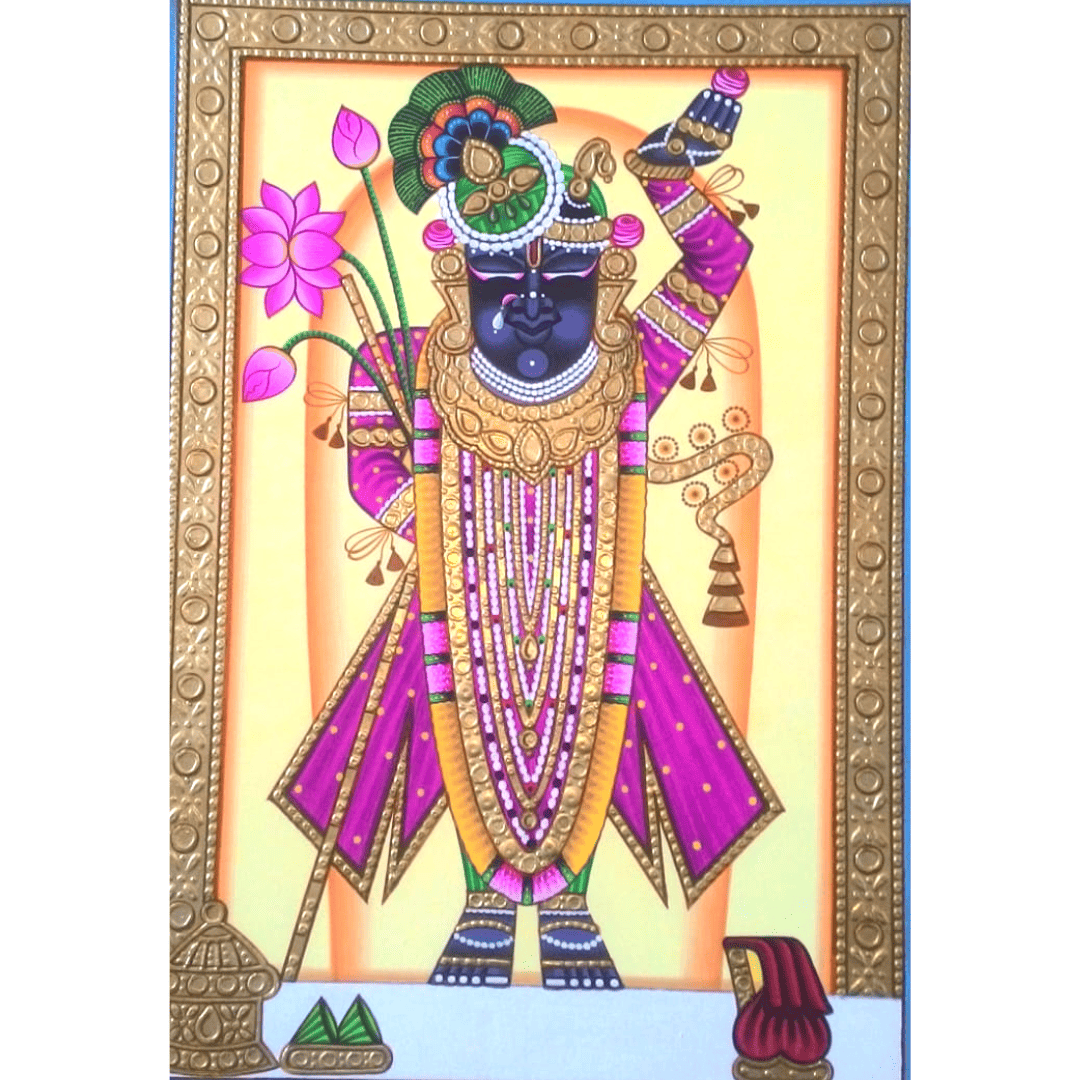 Shrinathji Pichwai with Lotus Motifs and Peacock Accents